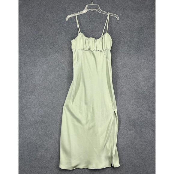 Zara Dress Womens Large Green Satin Ruched Midi Sleeveless Slit Elegant NWT L30 - Picture 1 of 16
